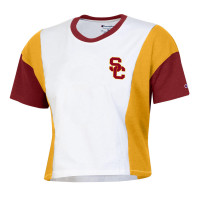 USC Trojans Women's Champion White SC Interlock Super Fan Crop Panel T-Shirt